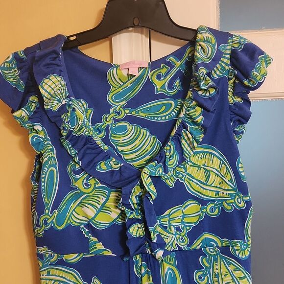 Lilly Pulitzer "Fallin' in Love" Blue & Green Dress w/ Ruffled Neckline Size M - Picture 3 of 9